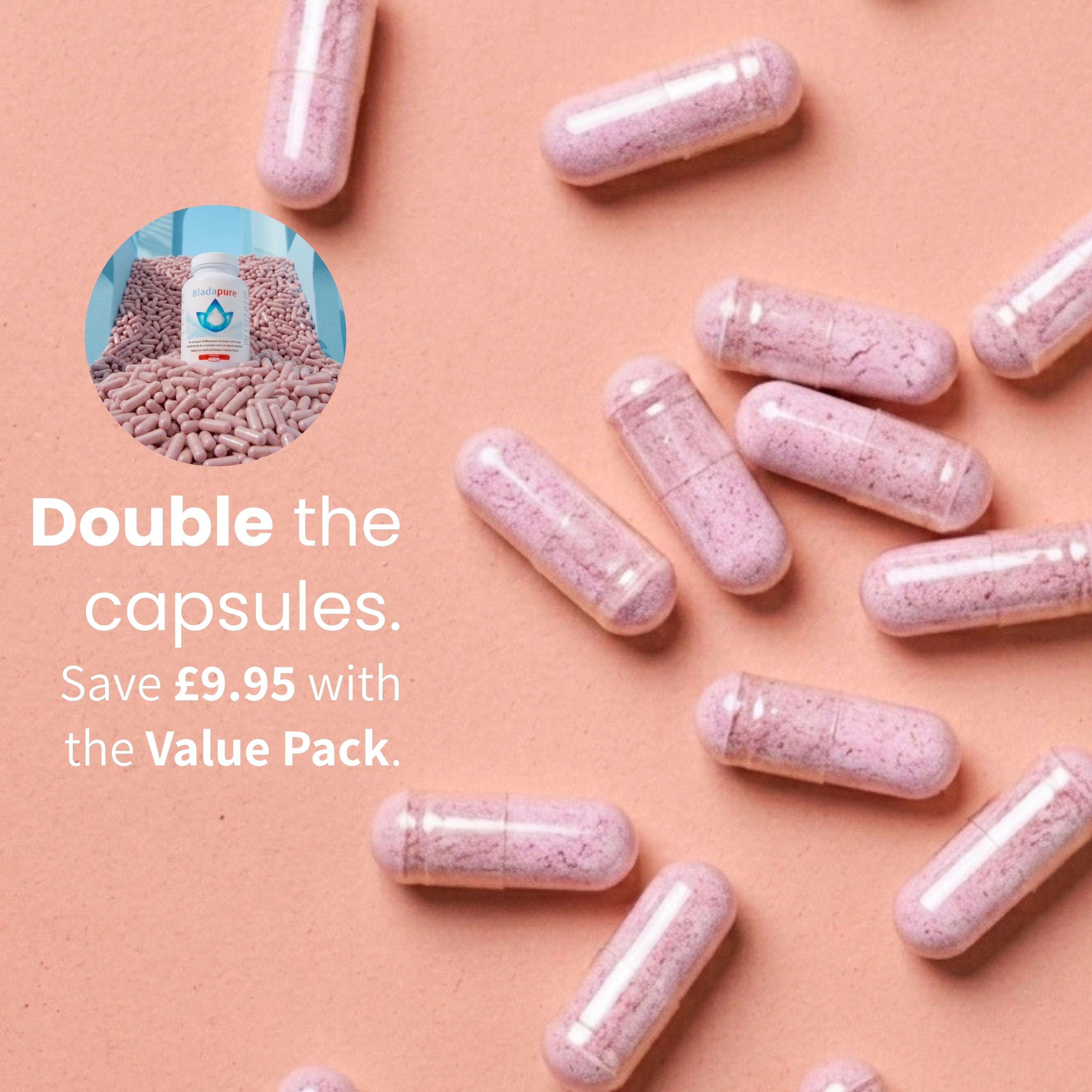 Pinkish-purple capsules scattered on a peach background with promotional text reading 'Double the capsules. Save £9.