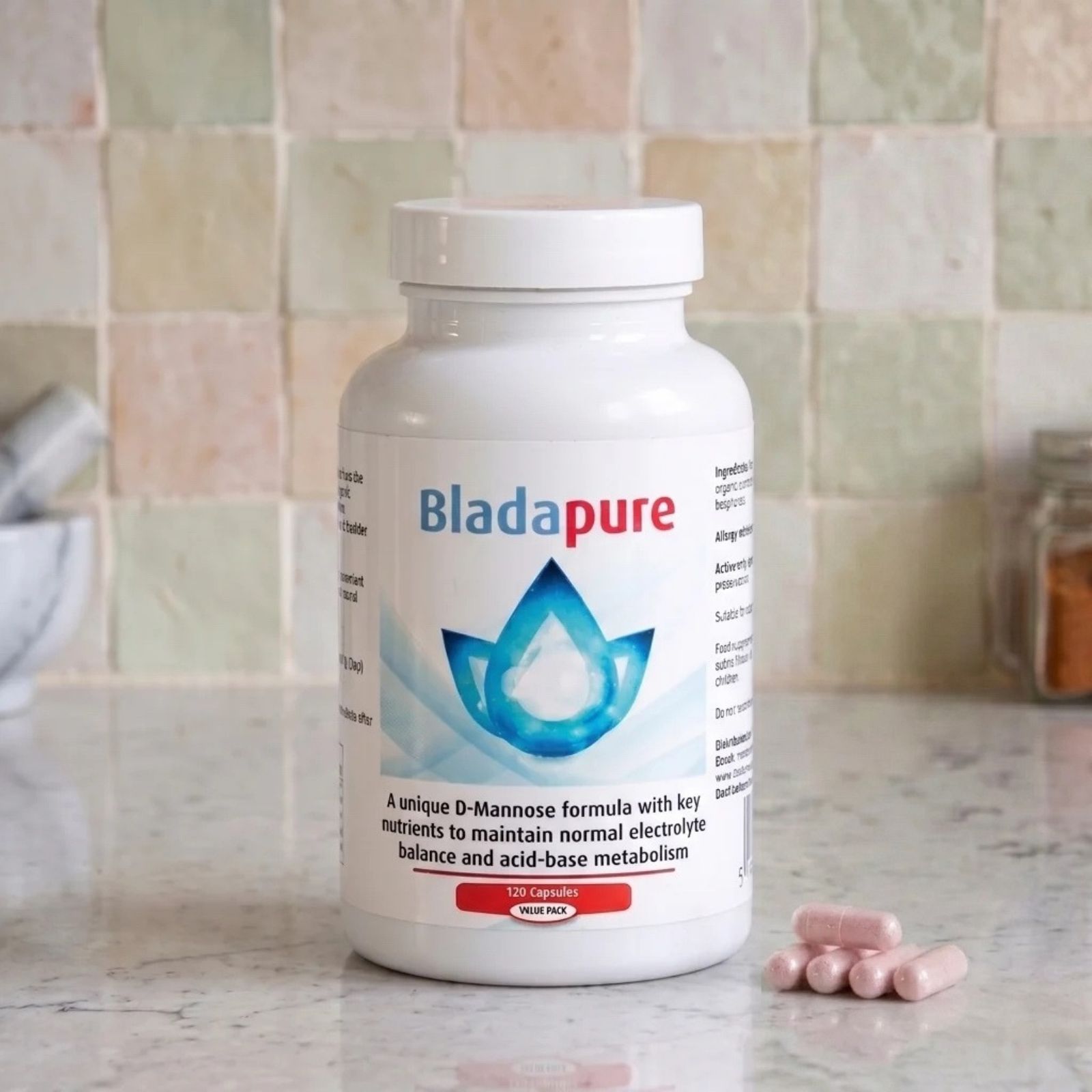 A white bottle of Bladapure dietary supplement capsules sits on a light marble countertop with a tiled backsplash behind it. Three pink capsules are placed in front of the bottle.