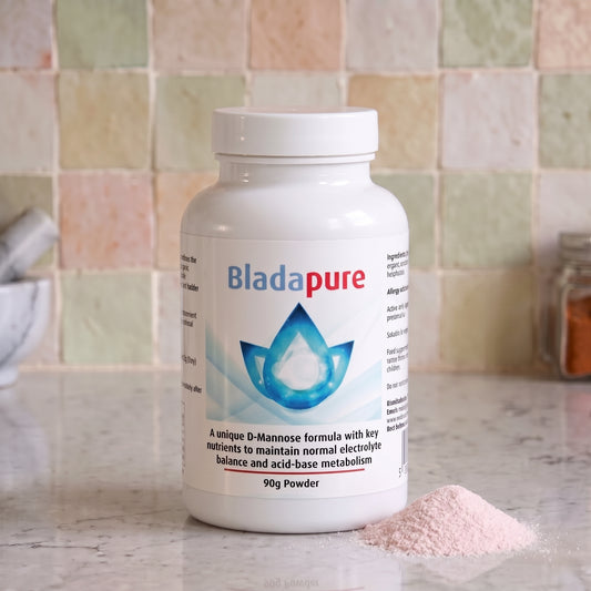 A white plastic bottle of Bladapure 90g powder with a white cap, set on a marble countertop with a pastel tiled backsplash. A small pile of light pink powder is scattered in front of the bottle.