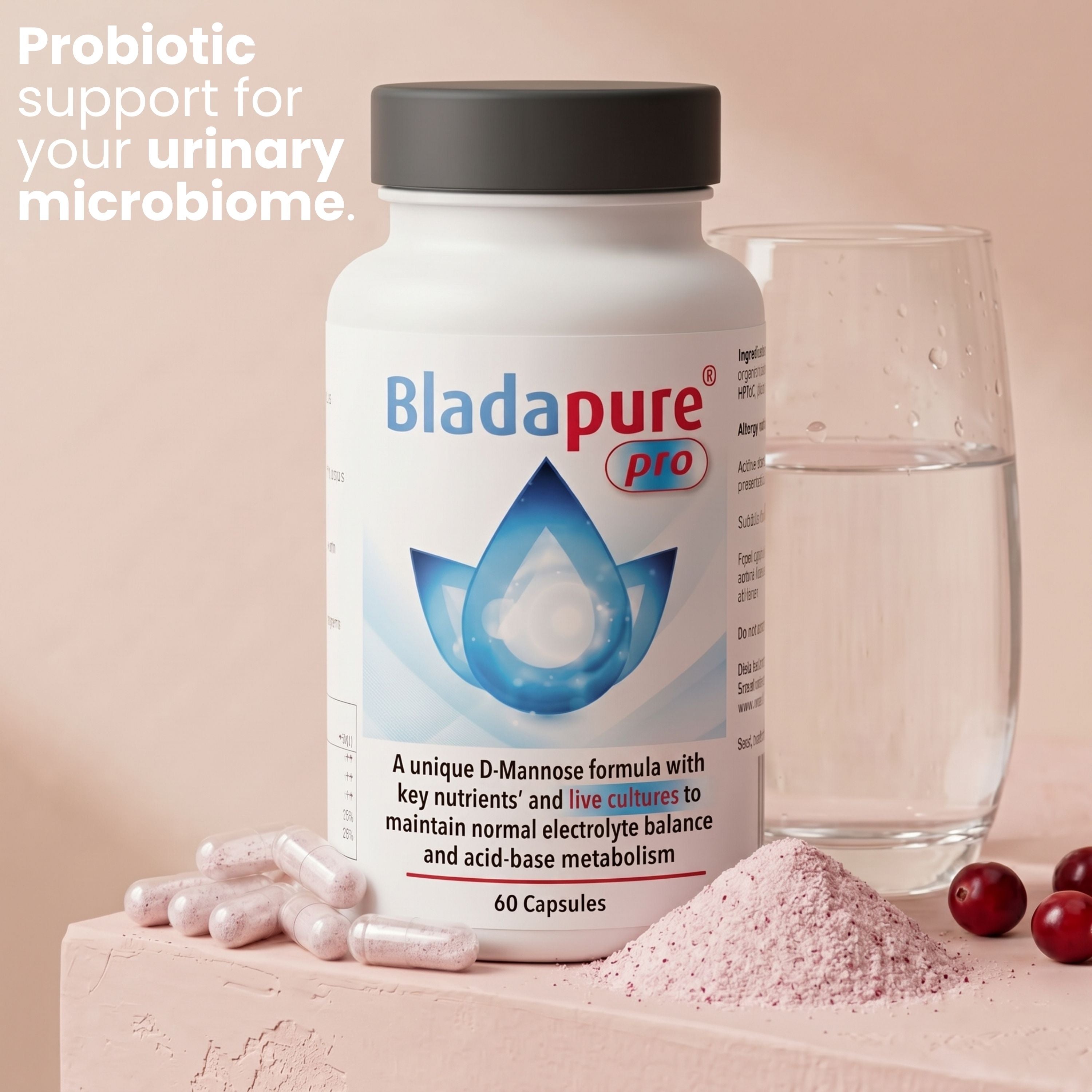 A bottle of BladaPure Pro probiotic capsules with a black cap, shown on a pink surface with loose capsules, a pink powder pile, and a glass of water against a soft pink background. White text in the upper left reads 'Probiotic support for your urinary microbiome.