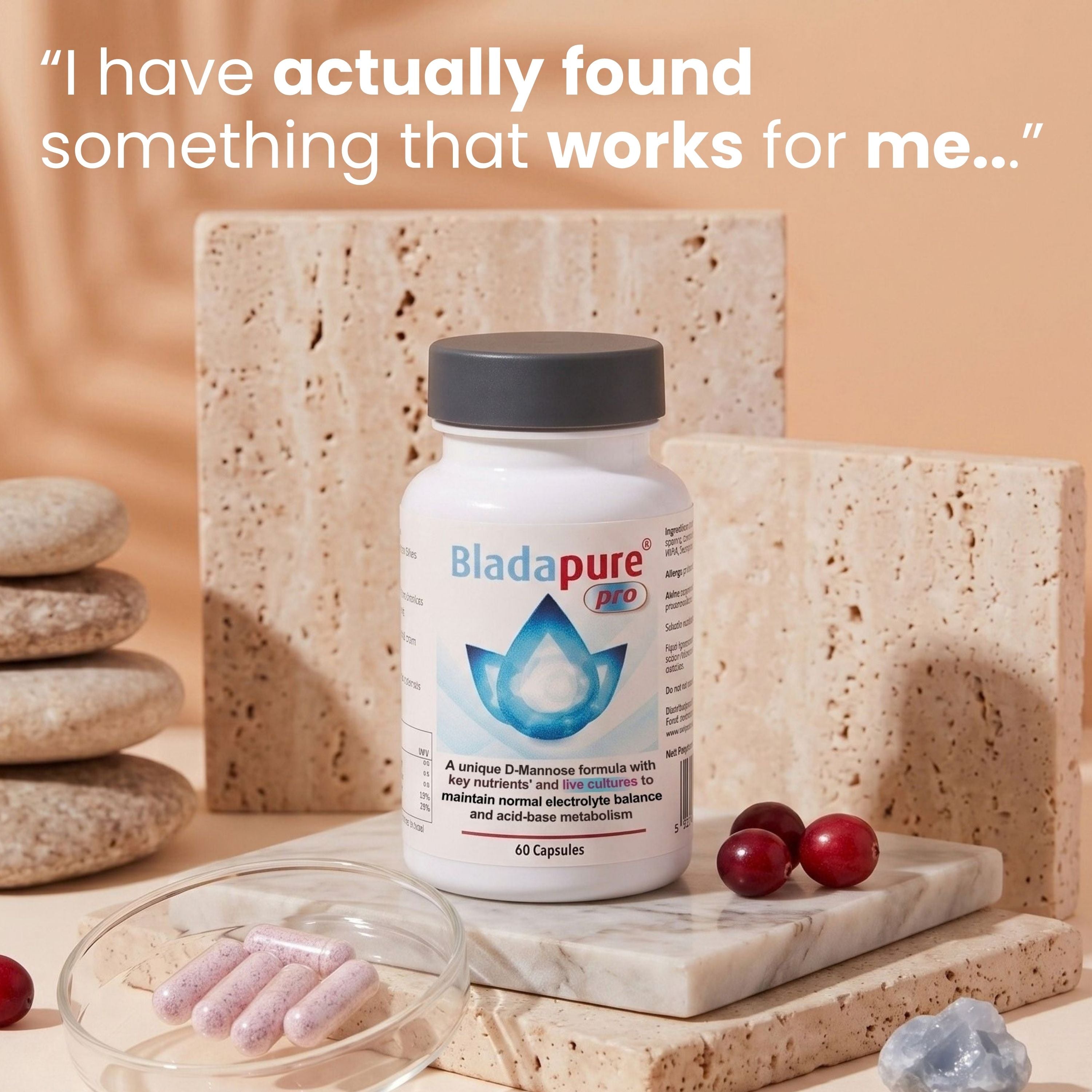 A bottle of BladaPure PRO dietary supplement capsules displayed on a marble slab with natural stones and cranberries, featuring a customer testimonial quote at the top.
